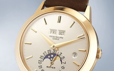 Patek Philippe, Ref. 3450 An important, stately and large yellow gold automatic perpetual calendar wristwatch with moonphases and leap year indicator