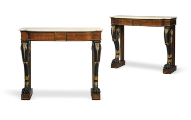 A PAIR OF REGENCY REVIVAL GILT-METAL-MOUNTED ROSEWOOD, EBONISED AND PARCEL-GILT CONSOLE TABLES, EARLY 20TH CENTURY, POSSIBLY INCORPORATING EARLIER ELEMENTS