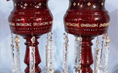 Pair of ruby mantle lusters with enamel paint