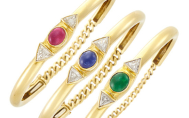 Three Gold, Cabochon Colored Stone and Diamond Bangle Bracelets