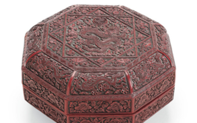 A CARVED RED AND BLACK LACQUER OCTAGONAL BOX AND COVER, CHINA, MING DYNASTY, JIAJING SIX-CHARACTER INCISED AND GILT MARK AND OF THE PERIOD (1522-1566)