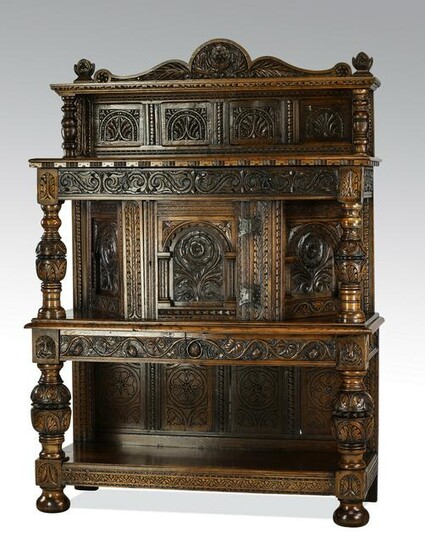 19th c. Jacobean style carved oak court cupboard