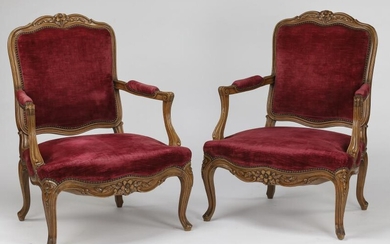 (2) Early 20th c. French walnut armchairs in velvet