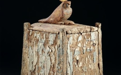 Egyptian Cedar & Painted Gesso Canopic Box w/ Ba Bird