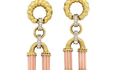 Pair of Gold, Carved Angel Skin Coral and Diamond Pendant-Earclips
