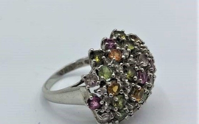 .925 Sterling Silver Cocktail Ring Multi Color Stones