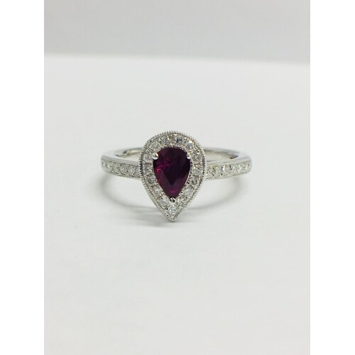 9ct Ruby diamond Cluster Ring Pearshape design, 29 Round Dia...