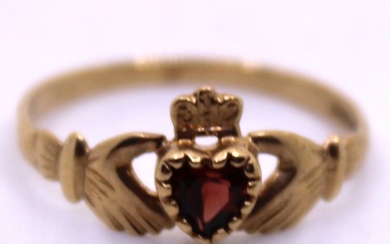 9ct Yellow Gold Heart Shaped Garnet Claddagh Ring. Ring Size...