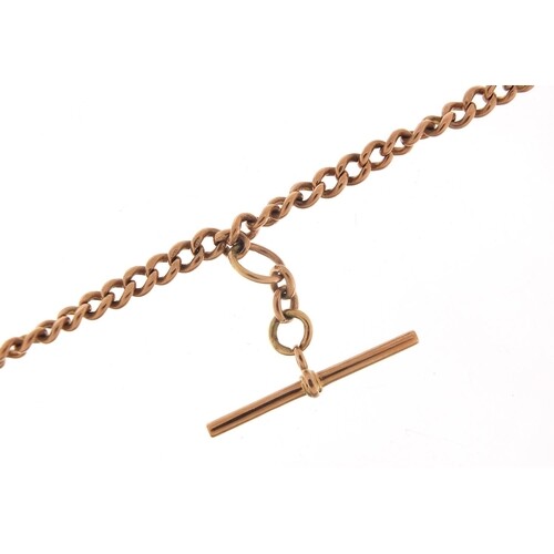 9ct rose gold watch chain with T bar, 45cm in length, 36.0g