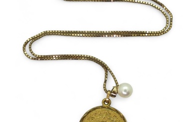 A 14k gold Mikimoto pearl pendant, a 14k gold Mayan calendar...