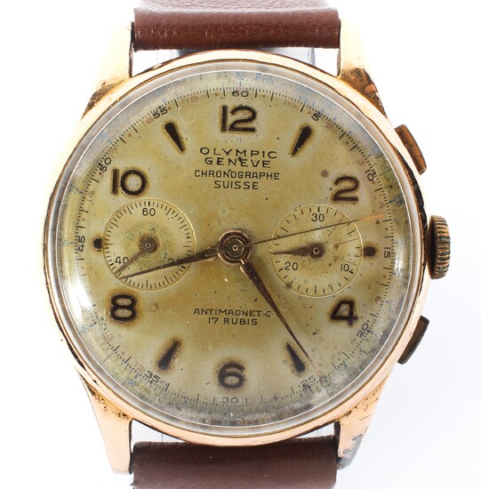 A 1950's 18k gold cased Olympic Geneve chronograph wristwatch