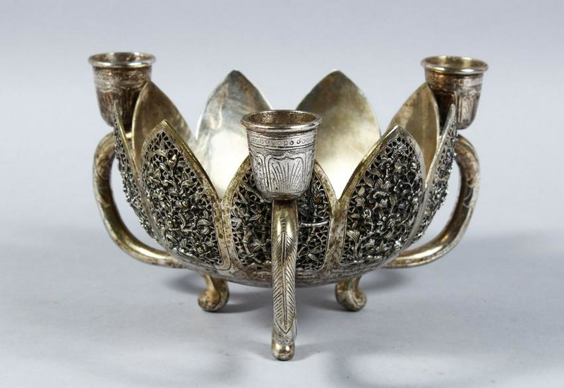 A 19TH CENTURY INDIAN WHITE METAL BOWL / CANDLE HOLDER