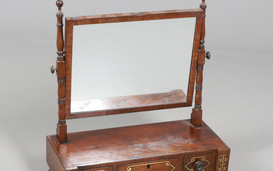 A 19TH CENTURY ROSEWOOD AND BRASS INLAY DRESSING TABLE MIRROR.