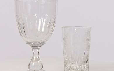 A 19TH CENTURY SMALL GLASS TUMBLER ENGRAVED WITH NAME AND A GLASS GOBLET CIRCA 1850 (2).