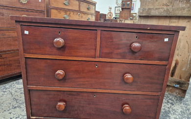 A 19th C. MAHOGANY CHEST OF TWO SHORT AND TWO LONG DRAWERS. W 97 x D 48 x H 71cms.