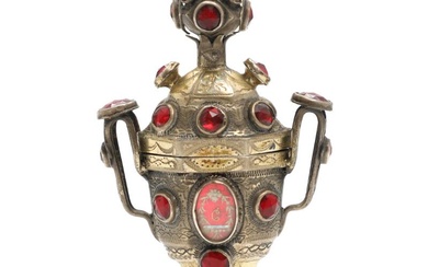 A 19th century Danish partly gilded silver vase-shaped vinaigrette, decorated with red...