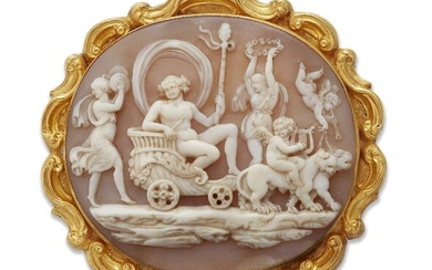 A 19th century gold mounted shell cameo brooch/clasp, the oval shell cameo carved to depict 'Triumph of Bacchus' mounted in gold scroll design mount, with clasp fitting and later adapted brooch fitting, approximate width of cameo 4.6cm, approximate...