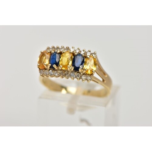 A 9CT GOLD SAPPHIRE AND DIAMOND DRESS RING, designed with a ...