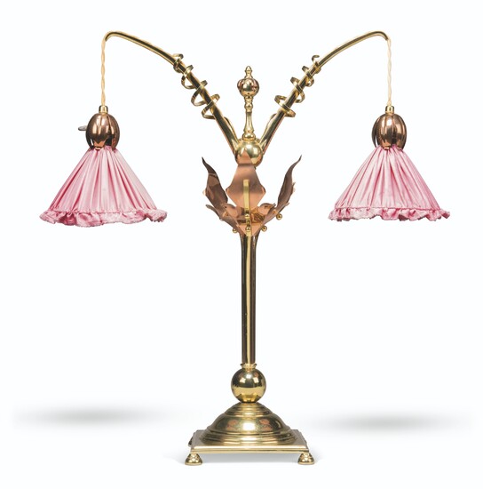 A BRASS AND COPPER TWO-BRANCH TABLE LAMP