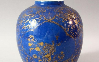 A CHINESE BLUE GROUND AND GILT DECORATED JAR, the body