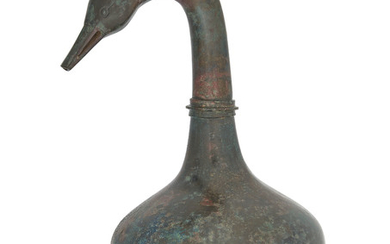 A CHINESE BRONZE GOOSE-HEAD BOTTLE VASE, HAN DYNASTY (206 BC - AD 220)