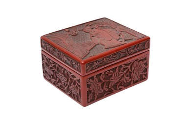 A CHINESE CINNABAR LACQUER 'MUSICIAN' BOX AND COVER 晚明 剔紅圖高士行樂圖紋蓋盒