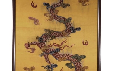 A CHINESE IMPERIAL EMBROIDERED DRAGON HANGING PANEL