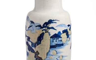 A CHINESE UNDERGLAZE-BLUE, COPPER RED, AND CELADON-GLAZED CARVED ROULEAU VASE, KANGXI PERIOD (1662-1722)