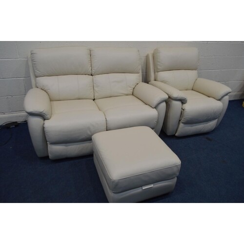 A CREAM LEATHER ELECTRIC RECLINING THREE PIECE LOUNGE SUITE ...