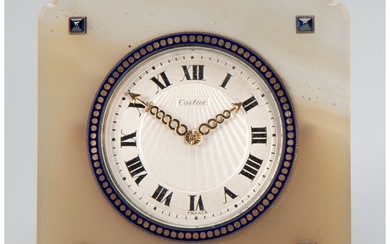 A Cartier Art Deco Enamel, Agate, Sapphire and Gold Montre de Bureau with Movement by European Watch & Clock Co. (circa 1920)