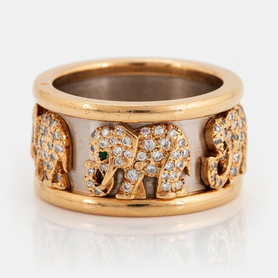 A Cartier "Elephant" ring in 18K gold and white gold set with round brilliant-cut diamonds and emeralds