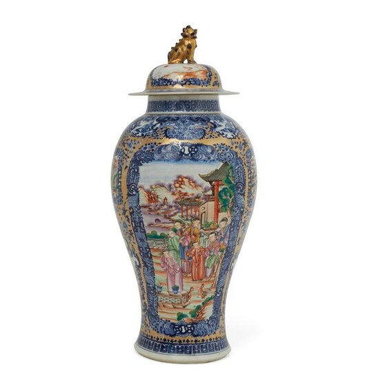 A Chinese Famille Rose blue & white covered vase