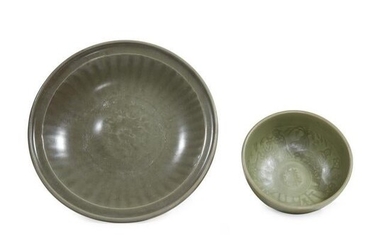 A Chinese Longquan celadon molded bowl and a molded