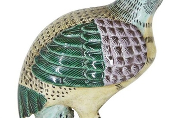 A Chinese biscuit porcelain quail figure, Daoguang period, modelled standing on a pierced base with aubergine, green and yellow-glazed feathers, 17cm high Provenance: Private French collection