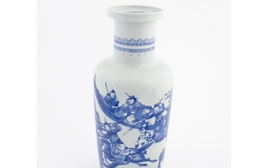 A Chinese blue and white vase decorated with warriors and ho...