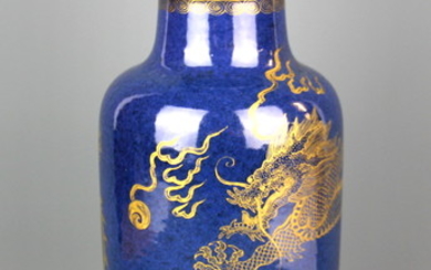 A Chinese blue glazed porcelain vase with gilt decoration of dragons, H. 30cm.