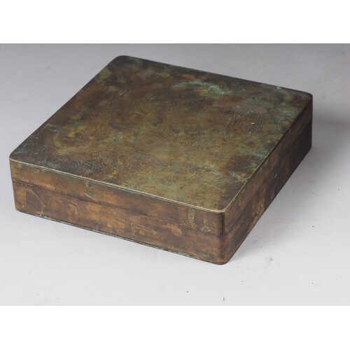 A Chinese brass ink box with engraved decoration, 7 3/4" squ...