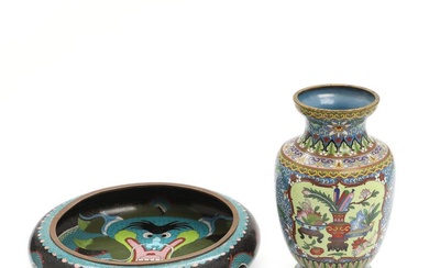 A Chinese cloisonné enamel bowl, decorated in colours with dragon, the outside...