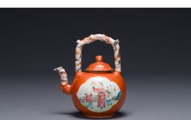 A Chinese famille rose coral-red-ground teapot with 'faux ma...