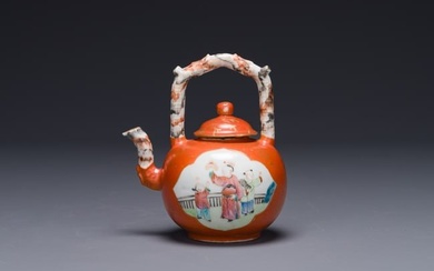 A Chinese famille rose coral-red-ground teapot with 'faux marbre' spout and handle, Jiaqing