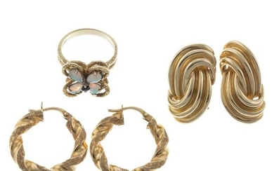 A Collection of 14K Earrings & Opal Butterfly Ring