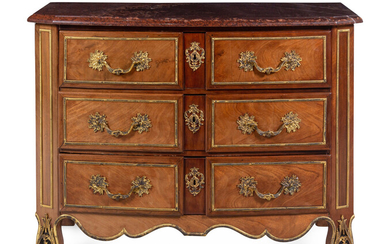 A Continental Gilt Bronze Mounted Mahogany Marble-Top Commode
