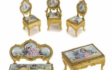 A Continental Gilt Metal And Enamel Suite Of Miniature