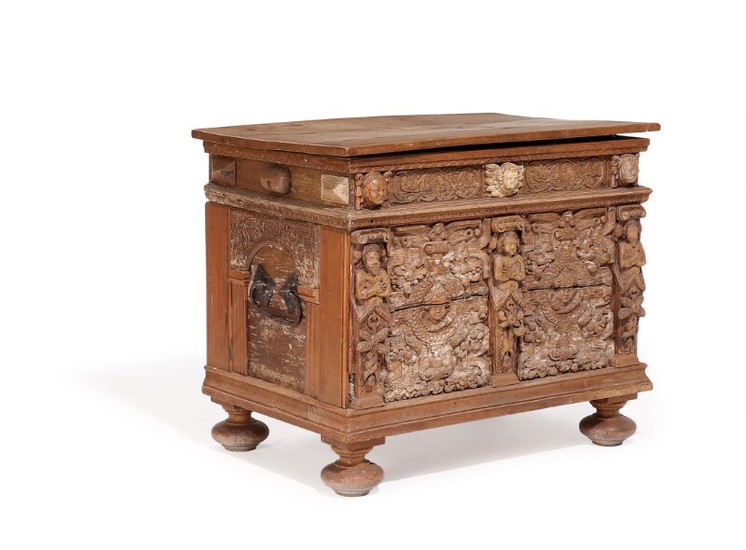 A Danish Renaissance oak chest, richly carved with figures and foliage. Partly 17th century. H. 81. W. 97 D. 63 cm.
