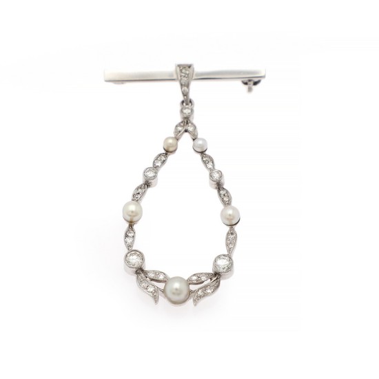 A. Dragsted: A diamond and pearl brooch set with numerous brilliant and single-cut diamonds and cultured pearls, mounted in 14k white gold. L. 5 cm.