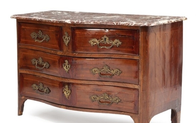 A French 18th century walnut Regence chest of drawers. Signed P. Roussel for Pierre Roussel (1723–1782). H. 82. W. 131. D. 63 cm.