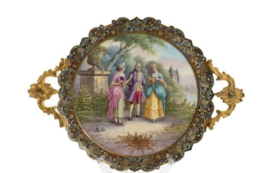 A French gilt-bronze and champleve enamel tazza