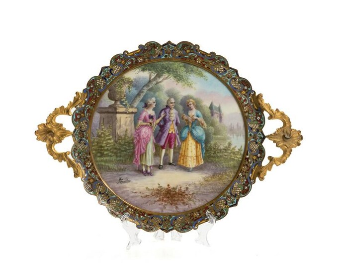 A French gilt-bronze and champleve enamel tazza