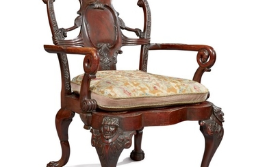 A GEORGE II STYLE MAHOGANY CANED ARMCHAIR, LATE 19TH/EARLY 20TH CENTURY