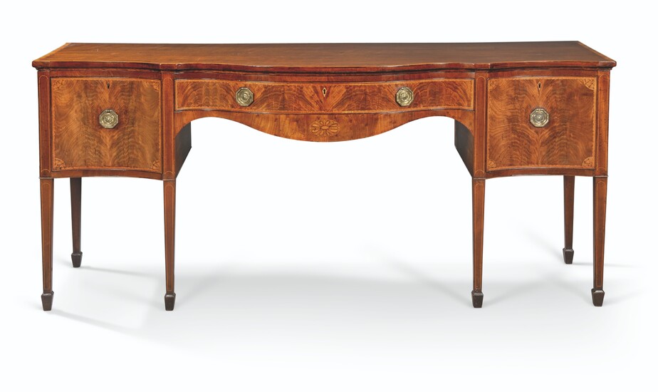 A GEORGE III MAHOGANY AND FRUITWOOD MARQUETRY SERPENTINE SIDEBOARD